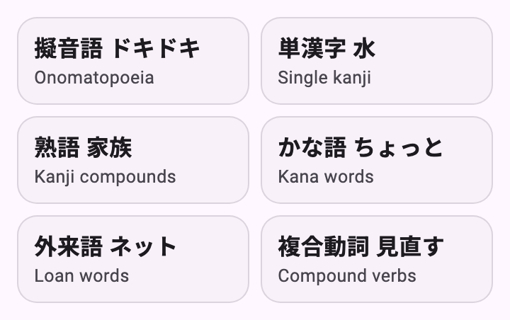 The six kinds of vocabulary, two to a row, each with a Japanese name and an example.